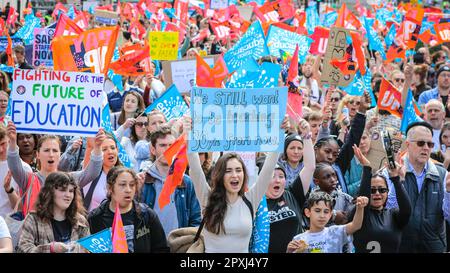 London, UK. 02nd May, 2023. Members of the NEU National Education Union and their supporters rally just outside Downing Street in Whitehall. Credit: Imageplotter/Alamy Live News Stock Photo