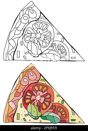 Pizza slice in decorative style on white background. Isolated vector illustration. Restaurant icon set. Vector illustration background. Cooking backgr Stock Vector