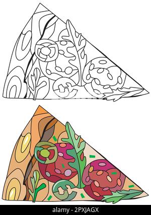 Pizza slice in decorative style for coloring on white background. Isolated vector illustration. Restaurant icon set. Vector illustration background. C Stock Vector