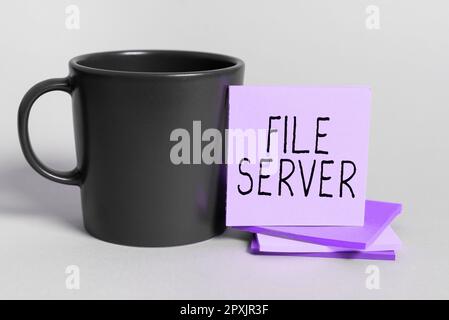 Handwriting text File Server, Business idea device which controls access to separately stored data Stock Photo