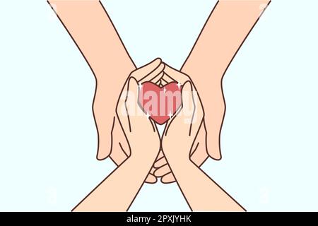 People hands holding heart. Man and woman have love symbol in palms show affection and care. Relationships and gratitude. Vector illustration. Stock Photo