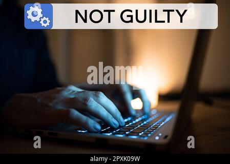 Text caption presenting Not Guilty, Internet Concept someone is innocent didnt commit specific crime He free Stock Photo