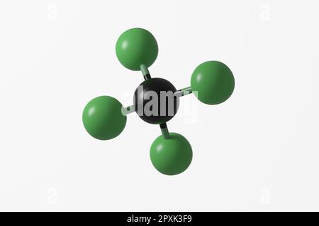 A 3d rendering of a ball-and-stick model of Tetrafluoromethane, an organofluorine molecule. Stock Photo
