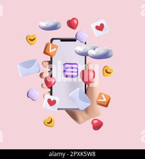 Innovative 3D concept for a virtual social networking platform. A hand grasps a smartphone displaying various interactive icons, emojis, comments, hearts, cloud.Concept communication applications. Stock Vector