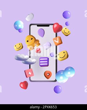 Innovative 3D concept for a virtual social networking platform. A hand grasps a smartphone displaying various interactive icons, emojis, comments, hearts, cloud.Concept communication applications. Stock Vector
