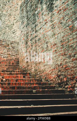 Old stairway made of rustic bricks as abstract background, selective focus Stock Photo