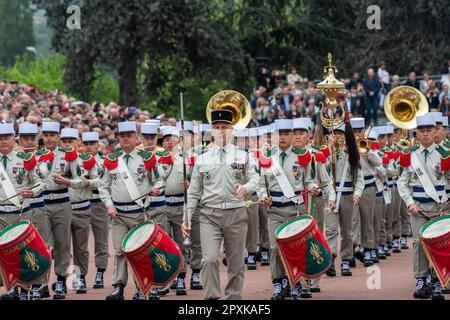 Aubagne, France. 30th Apr, 2023. The Foreign Legion Band marches during the ceremony. The traditional ceremony of remembrance of the battle of Camerone is held in the Vienot quarter of the Legion etrangère in Aubagne. Credit: SOPA Images Limited/Alamy Live News Stock Photo