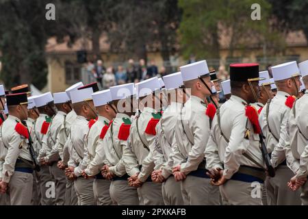 Aubagne, France. 30th Apr, 2023. Legionnaires seen during the ceremony. The traditional ceremony of remembrance of the battle of Camerone is held in the Vienot quarter of the Legion etrangère in Aubagne. Credit: SOPA Images Limited/Alamy Live News Stock Photo