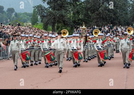 Aubagne, France. 30th Apr, 2023. The Foreign Legion Band marches during the ceremony. The traditional ceremony of remembrance of the battle of Camerone is held in the Vienot quarter of the Legion etrangère in Aubagne. Credit: SOPA Images Limited/Alamy Live News Stock Photo