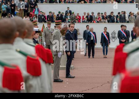 Aubagne, France. 30th Apr, 2023. The traditional ceremony of remembrance of the battle of Camerone is held in the Vienot quarter of the Legion etrangère in Aubagne. Credit: SOPA Images Limited/Alamy Live News Stock Photo