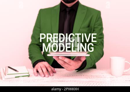 Text caption presenting Predictive Modeling, Business overview maintenance strategy driven by predictive analytics Stock Photo