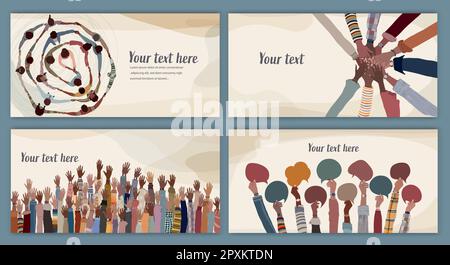 Many black skin African American men women group with hands raised. Template banner copy space.People holding hands in a circle.Black history month. Stock Vector