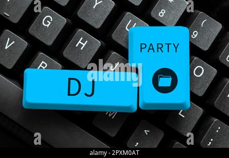 Conceptual caption Dj Party, Internet Concept person who introduces and plays recorded popular music on radio Stock Photo