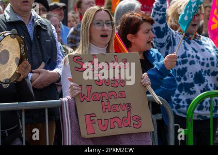 London, UK. 2nd May, 2023. Members of the NEU National Education Union and their supporters rally just outside Downing Street in Whitehall Credit: Richard Lincoln/Alamy Live News Stock Photo