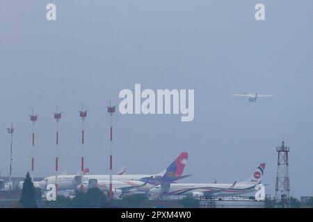 Kathmandu, Nepal. 01st May, 2023. On May.1, 2023 in Kathmandu, Nepal. Aircraft takes-off while other are parked at the airbus station at Tribhuvan International Airport. (Photo by Abhishek Maharjan/Sipa USA) Credit: Sipa USA/Alamy Live News Stock Photo