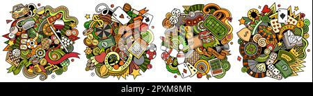 Casino cartoon vector doodle designs set. Colorful detailed compositions with lot of gambling objects and symbols. Isolated on white illustrations Stock Vector
