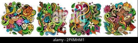 India cartoon vector doodle designs set. Colorful detailed compositions with lot of Indian culture objects and symbols. Isolated on white illustration Stock Vector