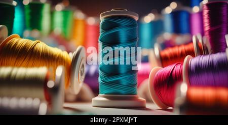 Colorful background made of many wool yarn balls.Different colorful sewing threads. Stock Photo