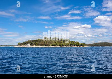 Brijuni National Park from Water. Brionian Island with Adriatic Sea during Summer Day in Croatia. Stock Photo