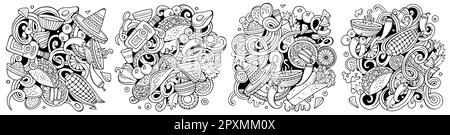 Mexican food cartoon vector doodle designs set. Sketchy detailed compositions with lot of latinamerican cuisine objects and symbols Stock Vector