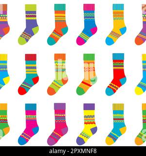 Collection of multi-colored socks with stripes. Seamless pattern of socks in row Stock Photo