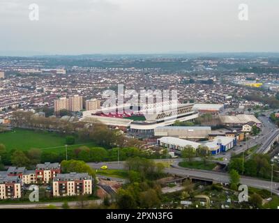 General view from the air of Ashton Gate Stadium at Bristol, UK, home of Bristol City FC and Bristol Bears RFC Stock Photo