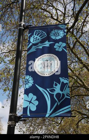 London, UK. 02nd May, 2023. Coronation banners are displayed on lamp posts ahead of the King's Coronation this Saturday in London on Tuesday, May 02, 2023. Photo by Hugo Philpott/UPI Credit: UPI/Alamy Live News Stock Photo