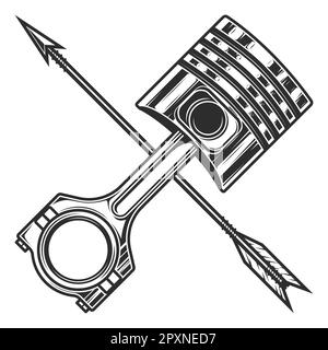 Engine piston and arrow on white background isolated monochrome illustration Stock Vector