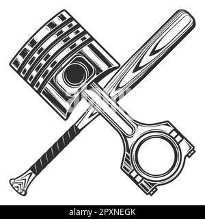 Engine piston and baseball bat on white background isolated monochrome illustration Stock Vector