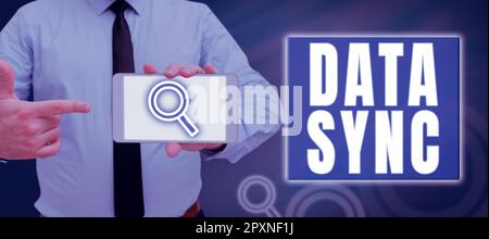 Conceptual display Data Sync, Conceptual photo data that is continuously generated by different sources Stock Photo