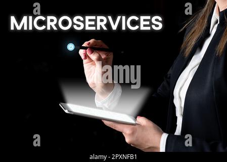 Sign displaying Microservices, Business showcase Software development technique Building single function module Stock Photo