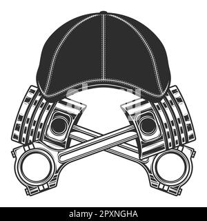 Engine piston and gatsby flat cap on white background isolated monochrome illustration Stock Vector