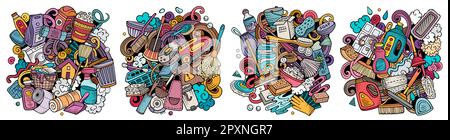 Cleaning cartoon vector doodle designs set. Stock Vector