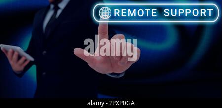 Sign displaying Remote Support, Word Written on help end-users to solve computer problems and issues remotely Stock Photo