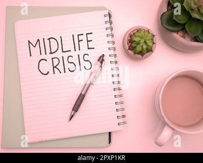 Text caption presenting Midlife Crisis, Business idea Software development technique Decomposing an application Stock Photo