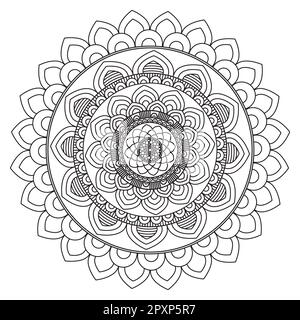 Explore this captivating black and white mandala design, featuring intricate floral outlines perfect for coloring book pages or as standalone design Stock Photo
