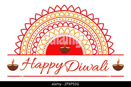 Happy Diwali illustration that captures the vibes of Indian festival of lights Diwali. This has Happy Diwali text with Diya and mandala art. Stock Photo