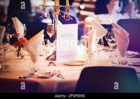 prepared luxurious table at expensive restaurant Stock Photo