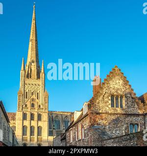 The Anglican cathedral in Norwich Norfolk, UK, dedicated to the Holy and Undivided Trinity. The construction began in 1096 and was completed in 1145, Stock Photo
