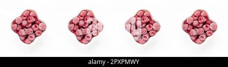 Banner with frozen raspberry berries in bowls on white background. Seamless pattern. Frozen organic raspberry berries retain all vitamins. Sustainable Stock Photo
