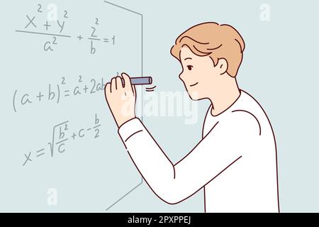 Man solves complex mathematical problems by completing tasks of university teacher. Smart guy in white shirt is using marker to write formula on black Stock Photo