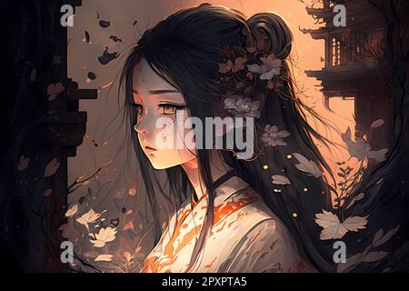 Anime girl sad on a white background Stock Photo - Alamy