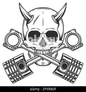 Biker skull with horn and crossed engine pistons service repair motorcycle, car and truck business in vintage monochrome isolated vector illustration Stock Vector