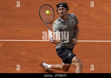 Madrid, Spain. 02nd May, 2023. Alexander Zverev of Germany returns a shot to Carlos Alcaraz of Spain during their fourth round match on day 7 of the Mutua Madrid Open at the Caja Magica stadium, in Madrid, Spain, on Tuesday, May 2, 2023. Photo by Paul Hanna/UPI Credit: UPI/Alamy Live News Stock Photo