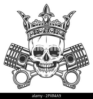 Biker skull in crown and crossed engine pistons service repair motorcycle, car and truck business in vintage monochrome isolated vector illustration Stock Vector