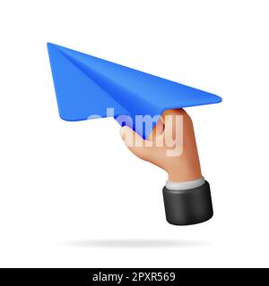 3D Blue Paper Plane in Hand Isolated Stock Vector