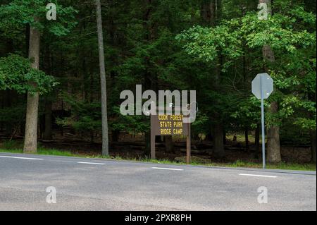 Cooksburg PA - September 16, 2022: Sign for the entrance to Cook Forest State Park Ridge Camp Stock Photo