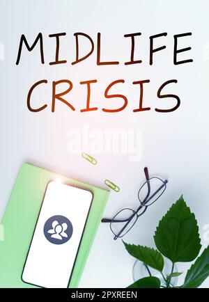 Writing displaying text Midlife Crisis, Word for Software development technique Decomposing an application Stock Photo