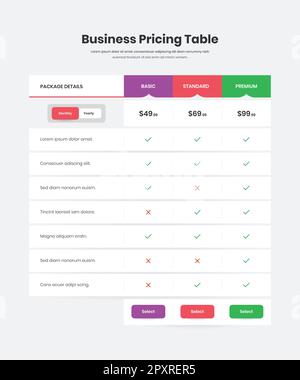 Professional business package list and subscription plan pricing table design Stock Vector