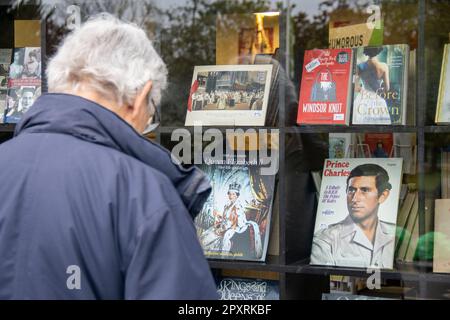 West London, UK. 02nd May, 2023. The display in most London bookshops showcases books featuring King Charles III and the late Queen. Credit: Sinai Noor/Alamy Live News Stock Photo